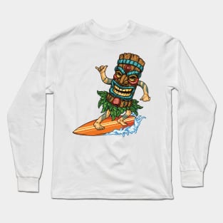 Surfing With Surfer Tiki Mask Riding Wave Isolated Long Sleeve T-Shirt